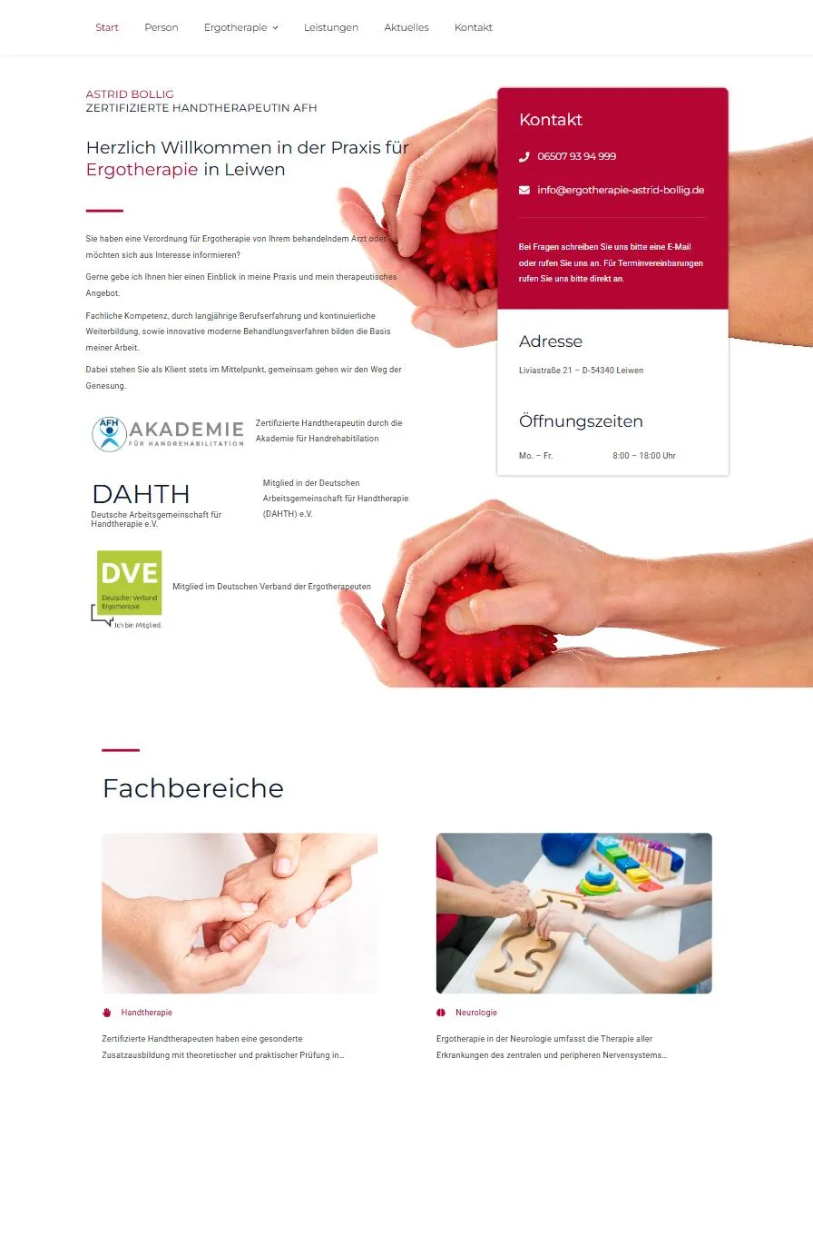 Scrollansicht der Website der Praxis für Ergotherapie Astrid Bollig